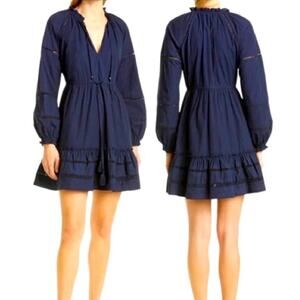 Veronica Beard Danica Navy Blue Long Sleeve V Neckline‎ Tassel Mini Dress Sz M